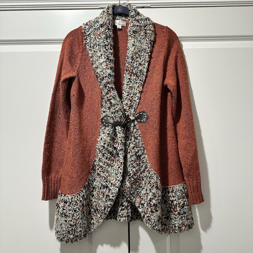 Persisa Womens Burnt Orange Toggle Cardigan Sweater Multi Color Knit Trim Medium